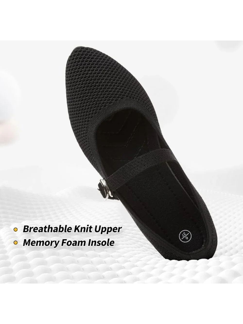 Women's Black Knit Mesh Ballet Flat Foldable With Buckle Strap Comfortable Shoes